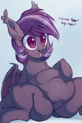 Size: 602x894 | Tagged: suggestive, artist:toroitimu, derpibooru import, oc, oc:iris, unofficial characters only, bat pony, pony, bat pony oc, bat wings, belly, belly button, big belly, chubby, fangs, fat, female, image, mare, open mouth, plump, png, question, sitting, solo, solo female, wings