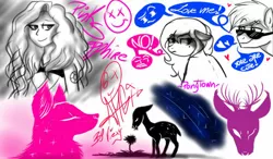 Size: 800x468 | Tagged: safe, artist:amgiwolf, derpibooru import, oc, oc:amgi, unofficial characters only, deer, earth pony, human, pony, wolf, antlers, bust, earth pony oc, female, flower, frown, heart, humanized, image, jpeg, looking back, male, mare, no, pictogram, smiling, smirk, stallion, sunglasses