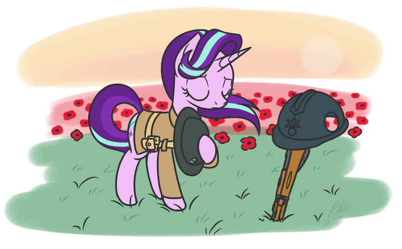 Size: 2260x1400 | Tagged: safe, artist:camo-pony, derpibooru import, starlight glimmer, pony, unicorn, adrian helmet, army, army helmet, battlefield, british, british army, brodie helmet, clothes, derpibooru exclusive, female, field, french, grave, gun, helmet, historical roleplay starlight, image, mare, png, poppies, poppy, remembrance day, rifle, weapon, world war i