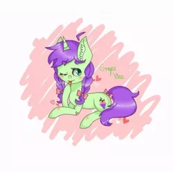 Size: 572x572 | Tagged: safe, artist:cinnavee, derpibooru import, oc, unofficial characters only, pony, unicorn, :p, abstract background, blushing, bow, braid, ear fluff, hair bow, heart, horn, image, jpeg, lying down, one eye closed, prone, solo, tail bow, tongue out, unicorn oc, wink