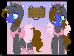 Size: 1280x956 | Tagged: safe, artist:elberas, derpibooru import, oc, oc:silly scribe, earth pony, hippopotamus, pony, :p, animal costume, ballerina, ballet, clothes, costume, crossdressing, cute, image, jpeg, male, ocbetes, sign, silly, silly pony, tongue out, tutu