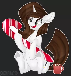 Size: 1600x1732 | Tagged: safe, artist:missmele-madness, derpibooru import, oc, oc:brittneigh ackermane, pony, unicorn, candy, candy cane, chocolate, female, food, hot chocolate, image, jpeg, mare, marshmallow, solo, unmoving plaid