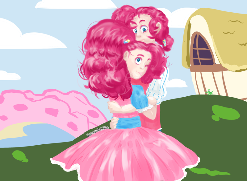 Size: 2812x2068 | Tagged: safe, artist:squeezemelittle, derpibooru import, pinkie pie, human, bubble berry, bubblepie, female, hug, humanized, image, male, one eye closed, png, r63 shipping, redraw, rule 63, self ponidox, selfcest, shipping, straight, tongue out, wink