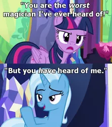 Size: 600x675 | Tagged: safe, derpibooru import, edit, edited screencap, screencap, trixie, twilight sparkle, alicorn, no second prances, angry, caption, comically missing the point, image, image macro, meme, pirates of the caribbean, png, smiling, text, troll, twilight sparkle (alicorn)