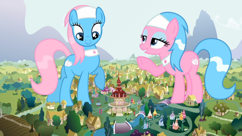 Size: 1920x1080 | Tagged: safe, derpibooru import, aloe, lotus blossom, earth pony, pony, female, giant pony, giantess, image, macro, mare, png, ponyville, spa pony, spa twins