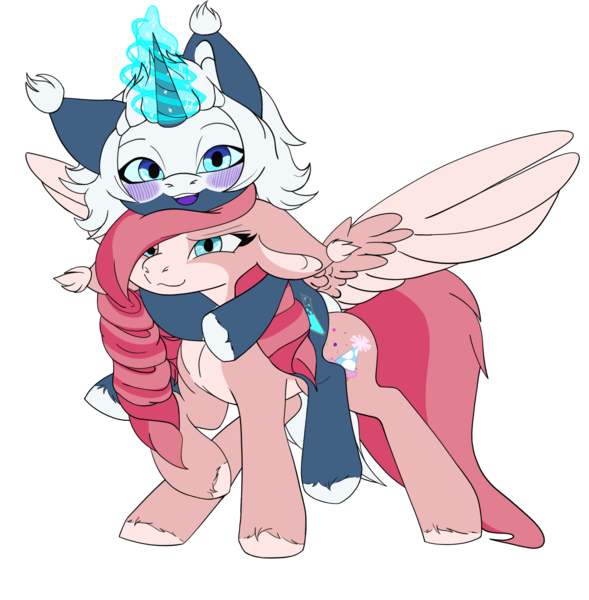 Size: 1600x1631 | Tagged: safe, artist:sundayrain, derpibooru import, oc, oc:archimedes, oc:filly fête, pegasus, pony, unicorn, derpibooru community collaboration, 2021 community collab, blushing, cutie mark, female, group hug, group photo, hooves, hug, hugging a pony, image, looking at you, magic, png, pony on pony action, riding a pony, simple background, transparent background, two toned mane, two toned tail, two toned wings, wings
