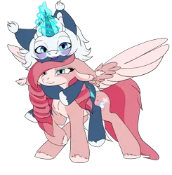 Size: 1600x1631 | Tagged: safe, artist:sundayrain, derpibooru import, oc, oc:archimedes, oc:filly fête, pegasus, pony, unicorn, derpibooru community collaboration, 2021 community collab, blushing, cutie mark, female, group hug, group photo, hooves, hug, hugging a pony, image, looking at you, magic, png, pony on pony action, riding a pony, simple background, transparent background, two toned mane, two toned tail, two toned wings, wings