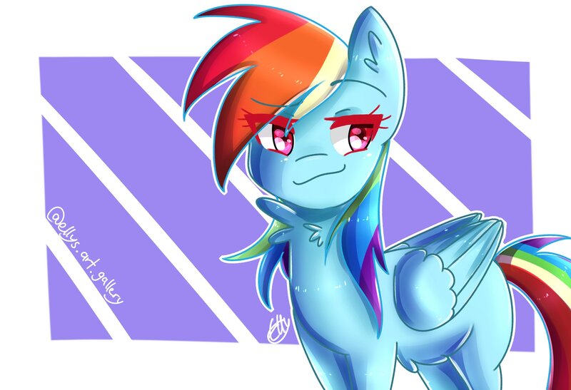 Size: 2048x1401 | Tagged: safe, alternate version, artist:ellys.art.gallery, derpibooru import, rainbow dash, pegasus, pony, daring done?, abstract background, female, image, jpeg, mare, scene interpretation, signature, smiling, smirk, solo