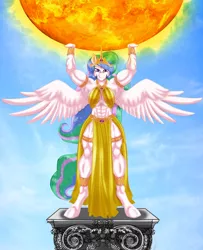 Size: 2835x3499 | Tagged: safe, artist:ponymaan, derpibooru import, princess celestia, alicorn, anthro, pony, unguligrade anthro, abs, armpits, breasts, busty princess celestia, crown, female, goddess, holding, image, jewelry, jpeg, looking at you, mare, muscles, muscular female, praise the sun, princess musclestia, regalia, solo, spread wings, sun, tangible heavenly object, wings