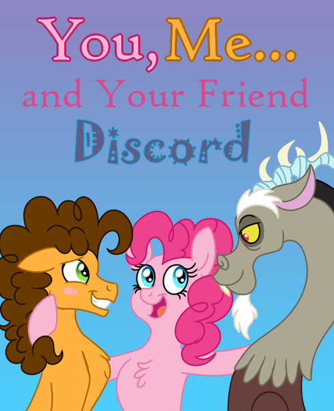 Size: 650x800 | Tagged: safe, alternate version, artist:tempestcord, derpibooru import, cheese sandwich, discord, pinkie pie, draconequus, earth pony, pony, cheesepie, discopie, fanfic art, female, gradient background, grin, image, male, nervous, nervous grin, png, polyamory, shipping, smiling, straight, text