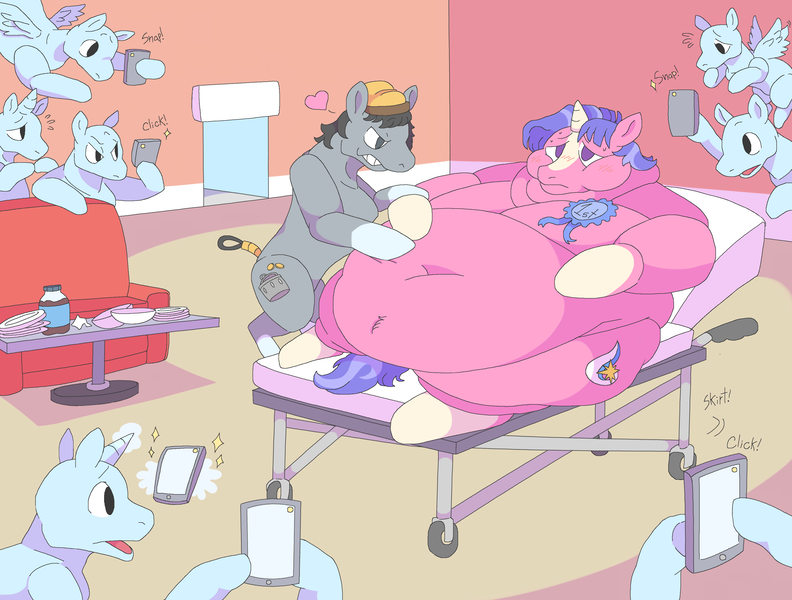 Size: 3302x2500 | Tagged: questionable, artist:gooeyplague, derpibooru import, part of a set, oc, oc:dirk, oc:reverie wish, unofficial characters only, earth pony, pegasus, pony, unicorn, bed, belly, belly button, bellyrubs, bhm, big belly, bingo wings, bipedal, bipedal leaning, blue ribbon, blushing, chubby cheeks, couch, duo focus, earth pony oc, fat, feedee, feeder, gay, generic pony, hat, heart, high res, hoof on belly, horn, hospital bed, huge belly, image, indoors, leaning, lying down, male, males only, mobile phone, near immobile, neck roll, obese, oc x oc, on back, phone, photo, plewds, png, ribbon, shipping, smartphone, smiling, smirk, socks (coat marking), squishy, stuffed, sweat, table, taking a photo, unicorn oc, weight gain, weight gain sequence