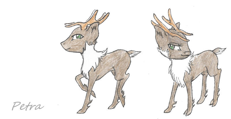 Size: 2424x1249 | Tagged: safe, artist:cindertale, artist:quill-name, derpibooru import, oc, oc:petra, unofficial characters only, deer, antlers, deer oc, duo, female, image, jpeg, raised hoof, simple background, smug, traditional art, white background