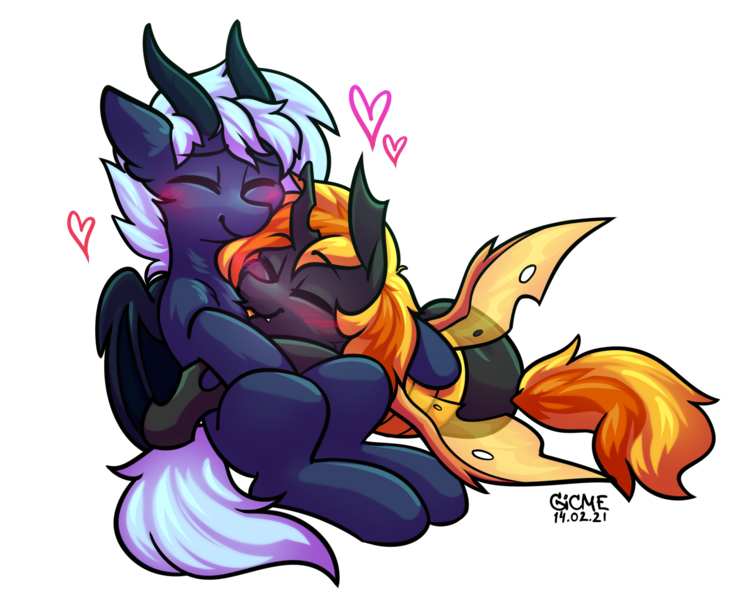 Size: 2286x1842 | Tagged: safe, artist:gicme, derpibooru import, oc, oc:accord rash, oc:redian, unofficial characters only, changeling, dracony, dragon, hybrid, cute, holiday, image, love, male, orange changeling, png, simple background, valentine's day