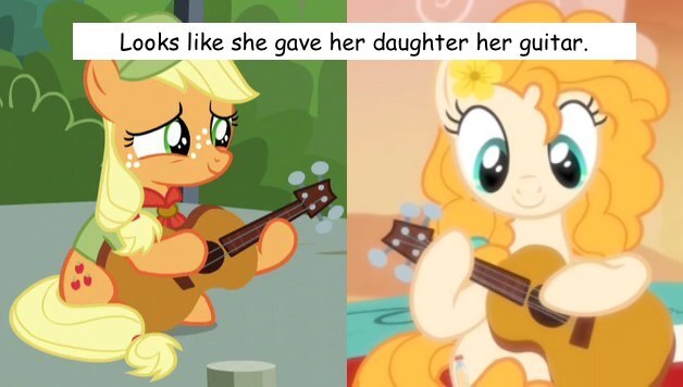 Size: 628x356 | Tagged: safe, derpibooru import, screencap, applejack, pear butter, pony, the mane attraction, the perfect pear, comparison, cute, emotionally touching, female, filly, filly applejack, guitar, image, jackabetes, jpeg, like mother like daughter, like parent like child, musical instrument, pearabetes, text, young, younger