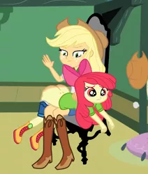 Size: 1830x2158 | Tagged: suggestive, artist:gmaplay, derpibooru import, apple bloom, applejack, equestria girls, applejack is a spankaholic, applejack is not amused, ass, bloom butt, butt, clothes, discipline, female, image, over the knee, png, spank mark, spanking, unamused