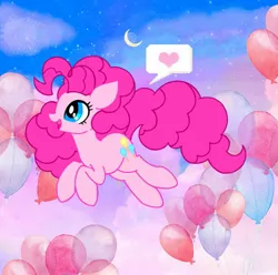 Size: 2047x2028 | Tagged: safe, artist:stacy_165cut, derpibooru import, pinkie pie, earth pony, pony, balloon, crescent moon, cute, diapinkes, female, heart, high res, image, jpeg, mare, moon, night, open mouth, pictogram, sky, solo, speech bubble