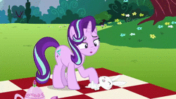 Size: 1280x720 | Tagged: safe, derpibooru import, screencap, angel bunny, fluttershy, harry, starlight glimmer, bear, bird, duck, pegasus, pony, squirrel, unicorn, no second prances, angelbetes, animated, carrot, cup, cute, drinking, eating, female, food, glimmerbetes, heart, image, male, mare, petting, picnic blanket, sad, sigh, talking, teacup, teapot, waving, webm