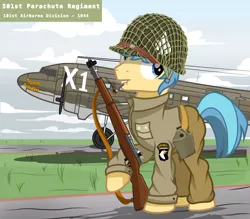 Size: 4000x3500 | Tagged: safe, artist:pizzamovies, derpibooru import, oc, oc:checker blue, unofficial characters only, pony, series:ponies on the front, 101st airborne, aircraft, c-47 skytrain, canteen, cigarette, clothes, helmet, image, m1 garand, m1 helmet, male, paratrooper, plane, png, show accurate, smoking, solo, stallion, uniform, world war ii