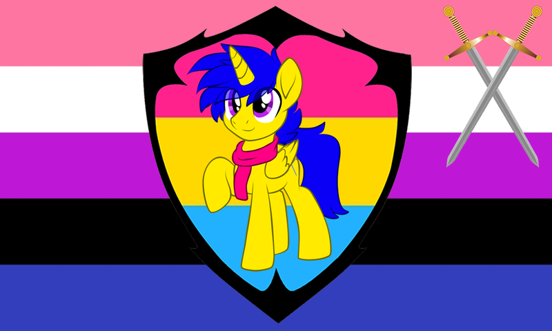 Size: 1024x615 | Tagged: safe, artist:lazy ferret, derpibooru import, oc, oc:sworden shieldbearer, agender, crossed swords, cute, genderfluid, genderfluid pride flag, heater shield, heater shield design, image, incorrect scarf design, missing accessory, pansexual, pansexual pride flag, png, pride, pride flag, solo