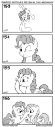 Size: 1320x3035 | Tagged: safe, artist:pony-berserker, derpibooru import, fluttershy, pinkie pie, earth pony, pegasus, boop, image, licking, monochrome, one eye closed, png, self-boop, tongue out, wink