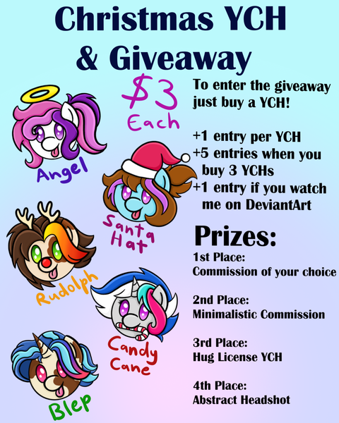 Size: 2000x2500 | Tagged: safe, artist:dawn-designs-art, derpibooru import, oc, oc:amethyst, oc:dawn, oc:fernando, oc:film reel, oc:mirage, earth pony, pegasus, pony, unicorn, :p, advertisement, angel, bust, candy, candy cane, chibi, christmas, commission, commission info, commission open, cute, food, giveaway, hat, holiday, image, png, portrait, prize, raffle, rudolph nose, santa hat, text, tongue out, writing, your character here
