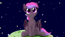 Size: 1920x1080 | Tagged: safe, artist:galacticguardian, artist:jubyskylines, derpibooru import, oc, unofficial characters only, bat pony, pony, animated, asteroid, bat pony oc, bat wings, chest fluff, cute, cute little fangs, fangs, full face view, gif, heart eyes, image, looking at you, meteor, sitting, smiling, solo, space, spread wings, starry night, stars, wallpaper, wingding eyes, wings