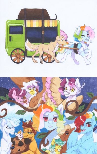 Size: 2550x4020 | Tagged: safe, artist:frozensoulpony, derpibooru import, double diamond, dumbbell, feather bangs, gilda, rainbow dash, sugar belle, oc, oc:baby face, oc:goji, oc:hopscotch, oc:pastel sails, dog, gryphon, hippogriff, pony, doublebangs, dumbdash, female, gay, gildabelle, half-siblings, image, interspecies offspring, jpeg, lesbian, magical gay spawn, magical lesbian spawn, male, offspring, parent:double diamond, parent:dumbbell, parent:feather bangs, parent:gilda, parent:rainbow dash, parent:sugar belle, parents:doublebangs, parents:doubledash, parents:dumbdash, parents:gildabelle, pet oc, shipping, straight, traditional art, wagon