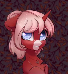 Size: 2282x2485 | Tagged: safe, artist:reterica, derpibooru import, oc, unofficial characters only, pony, unicorn, blind, bust, chest fluff, ear piercing, earring, eye clipping through hair, image, jewelry, jpeg, necklace, piercing, smiling, solo