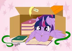 Size: 1920x1358 | Tagged: safe, artist:julunis14, derpibooru import, twilight sparkle, twilight sparkle (alicorn), alicorn, pony, adorkable, book, bookhorse, box, cute, digital, dork, image, jpeg, name tag, pony in a box, present, reading, ribbon, signature, simple background, smiling, solo, that pony sure does love books, twiabetes, weapons-grade cute