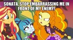 Size: 600x337 | Tagged: safe, derpibooru import, edit, edited screencap, screencap, adagio dazzle, sonata dusk, sunset shimmer, equestria girls, equestria girls series, sunset's backstage pass!, spoiler:eqg series (season 2), caption, geode of empathy, image, image macro, impact font, jpeg, magical geodes, memeful.com, music festival outfit, text