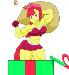 Size: 2048x2237 | Tagged: safe, artist:matchstickman, derpibooru import, apple bloom, anthro, earth pony, pony, tumblr:where the apple blossoms, abs, apple bloom's bow, apple brawn, arm behind head, armpits, biceps, bow, breasts, busty apple bloom, christmas, clothes, costume, deltoids, female, gloves, hair bow, hearth's warming, hearth's warming eve, holiday, image, looking at you, mare, matchstickman's apple brawn series, midriff, mistleholly, muscles, muscular female, older, older apple bloom, pecs, png, present, santa costume, santa sack, simple background, skirt, solo, strapless, thighs, thunder thighs, triceps, tumblr comic, white background