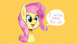 Size: 1920x1080 | Tagged: safe, artist:another_pony, derpibooru import, fluttershy, pegasus, pony, dialogue, image, jpeg, smiling, solo, threat