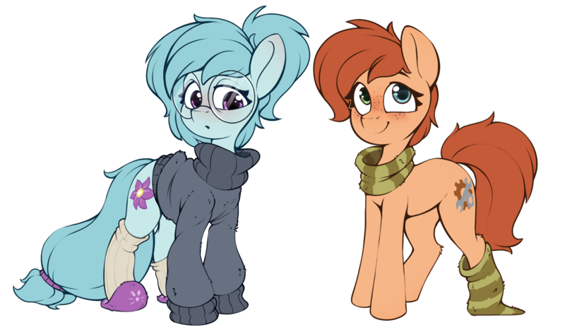 Size: 1993x1172 | Tagged: safe, artist:rexyseven, derpibooru import, oc, oc:rusty gears, oc:whispy slippers, unofficial characters only, earth pony, pony, derpibooru community collaboration, 2021 community collab, clothes, derpibooru exclusive, female, freckles, glasses, heterochromia, image, mare, png, scarf, simple background, slippers, sock, socks, striped socks, sweater, transparent background, turtleneck