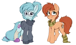 Size: 1993x1172 | Tagged: safe, artist:rexyseven, derpibooru import, oc, oc:rusty gears, oc:whispy slippers, unofficial characters only, earth pony, pony, derpibooru community collaboration, 2021 community collab, clothes, derpibooru exclusive, female, freckles, glasses, heterochromia, image, mare, png, scarf, simple background, slippers, sock, socks, striped socks, sweater, transparent background, turtleneck