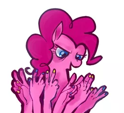 Size: 574x526 | Tagged: safe, artist:drpummeluff, derpibooru import, pinkie pie, earth pony, pony, a friend in deed, abomination, cursed, cursed image, image, nail polish, not salmon, pinkie being pinkie, png, simple background, solo, suddenly hands, traditional art, wat, what has science done, white background
