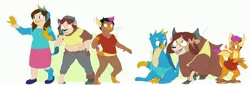 Size: 4096x1420 | Tagged: safe, artist:fauvfox, derpibooru import, gallus, smolder, yona, oc, oc:acesential, dragon, gryphon, human, yak, character to character, clothes, female to male, fire, fire breath, human oc, human to dragon, human to griffon, human to yak, image, jpeg, male to female, open mouth, pants, polo shirt, rule 63, shirt, shoes, skirt, transformation, transgender transformation
