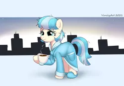 Size: 936x649 | Tagged: safe, artist:vinilyart, derpibooru import, coco pommel, earth pony, pony, bathrobe, clothes, coffee, coffee mug, image, mug, png, robe, slippers, solo, tired