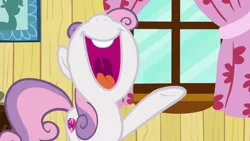 Size: 1280x720 | Tagged: safe, derpibooru import, screencap, sweetie belle, the fault in our cutie marks, clubhouse, crusaders clubhouse, image, nose in the air, png, singing, solo, uvula, volumetric mouth