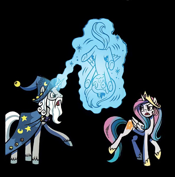 Size: 1262x1276 | Tagged: safe, derpibooru import, idw, princess celestia, princess luna, star swirl the bearded, alicorn, pony, unicorn, legends of magic, spoiler:comic, spoiler:comiclom1, black background, comic, image, jpeg, magic, simple background, telekinesis, upscaled, young celestia, young luna