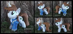 Size: 3773x1754 | Tagged: safe, artist:peruserofpieces, derpibooru import, oc, oc:littlepip, pony, unicorn, fallout equestria, clothes, female, happy, horn, image, irl, mare, photo, pipbuck, plushie, png, shirt, smiling, solo, standing, tree, undershirt