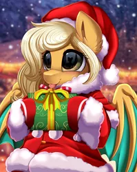 Size: 2550x3209 | Tagged: safe, artist:pridark, derpibooru import, part of a set, oc, oc:misty, bat pony, pony, :p, adorable face, bat pony oc, bat wings, blushing, christmas, commission, cute, glasses, hat, high res, holding, holiday, image, older, png, present, santa hat, solo, teenager, tongue out, wings, ych result