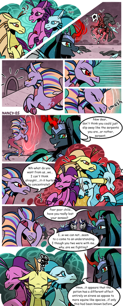 Size: 1500x3736 | Tagged: safe, artist:nancy-05, author:bigonionbean, derpibooru import, adagio dazzle, aria blaze, king sombra, sonata dusk, oc, oc:empress sacer malum, oc:melicus ostium, changeling, changeling queen, hybrid, pony, siren, skeleton pony, undead, unicorn, comic:fusing the fusions, comic:time of the fusions, absorption, armor, barrier, blushing, bone, bowing, changeling guard, comic, commissioner:bigonionbean, confused, corpse, curved horn, draining, female, fusion, fusion:empress sacer malum, fusion:melicus ostium, headache, horn, image, inner struggle, jewelry, magic, merge, merging, not an alicorn, png, queen umbra, regalia, revived, rule 63, skeleton, tartarus, thought bubble, water fountain