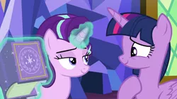 Size: 1280x720 | Tagged: safe, derpibooru import, screencap, starlight glimmer, twilight sparkle, twilight sparkle (alicorn), alicorn, pony, the beginning of the end, bags under eyes, book, duo, duo female, female, folded wings, frown, image, lidded eyes, magic, mare, png, telekinesis, wings