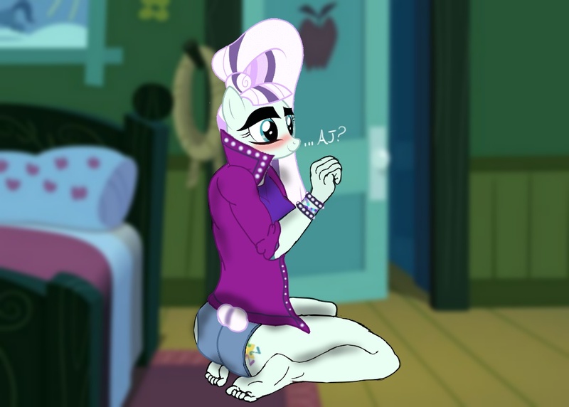 Size: 1000x715 | Tagged: suggestive, artist:flammingbrony40, derpibooru import, coloratura, anthro, plantigrade anthro, 1000 hours in ms paint, applejack's bedroom, blushing, coloraturump, countess coloratura, cute, image, implied applejack, implied rarajack, jpeg, kneeling, sexy, smiling