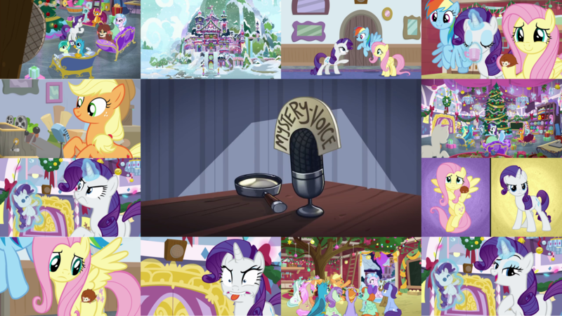 Size: 1978x1113 | Tagged: safe, derpibooru import, edit, edited screencap, editor:quoterific, screencap, amber grain, applejack, auburn vision, clever musings, fluttershy, gallus, november rain, ocellus, peppermint goldylinks, rainbow dash, rarity, sandbar, silverstream, smolder, snowy quartz, strawberry scoop, violet twirl, yona, dragon, earth pony, gryphon, hippogriff, pegasus, pony, unicorn, yak, mystery voice, applejack's hat, bipedal, cowboy hat, dragoness, duo, female, friendship student, glowing horn, hat, horn, image, magic, magic aura, magnifying glass, malachite (sailor moon), male, microphone, open mouth, png, sailor moon, school of friendship, snow, snowfall, student six, tongue out, tree, trio, trio female