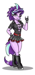 Size: 1304x2791 | Tagged: suggestive, artist:n-o-n, derpibooru import, starlight glimmer, anthro, unguligrade anthro, absolute cleavage, alternate hairstyle, boots, breasts, busty starlight glimmer, cleavage, clothes, devil horn (gesture), ear piercing, earring, edgelight glimmer, eyeshadow, female, gameloft, gameloft interpretation, goth, image, jewelry, leather, makeup, miniskirt, piercing, png, punk, punk rock, punk rock outfit, shoes, skirt, skull, solo, solo female
