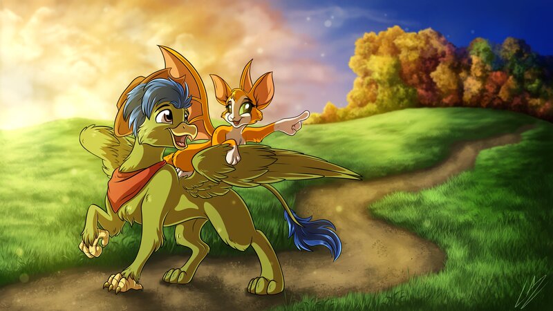 Size: 3840x2160 | Tagged: safe, artist:lupiarts, derpibooru import, oc, oc:green storm, gryphon, crossover, dirt path, duo, dust: an elysian tail, fidget, forest, griffon oc, high res, image, jpeg, looking back, open mouth, path, scenery, tree, video game crossover