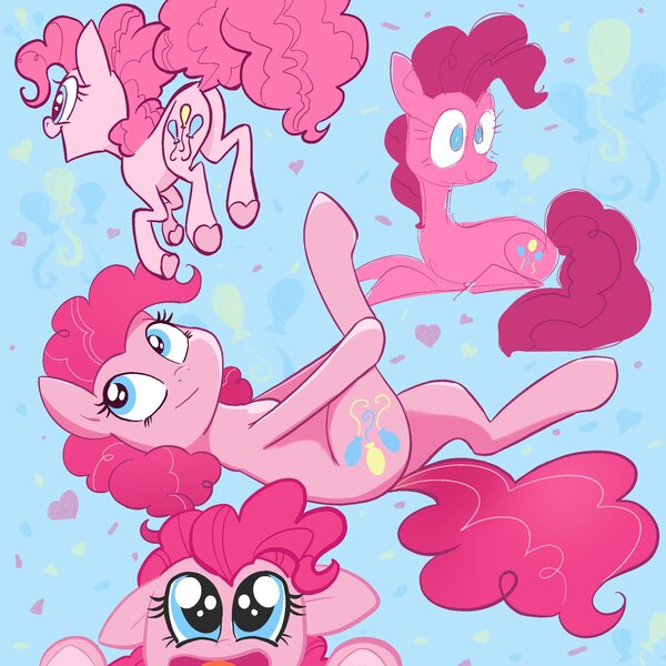 Size: 2048x2048 | Tagged: safe, artist:pfeffaroo, derpibooru import, pinkie pie, earth pony, pony, abstract background, alternate style, amazed, cutie mark background, female, floppy ears, head turned, high res, image, jpeg, legs in air, looking at something, looking away, lying down, mare, midair, multeity, on back, open mouth, peeking, prone, rear view, smiling, solo, too much pink energy is dangerous