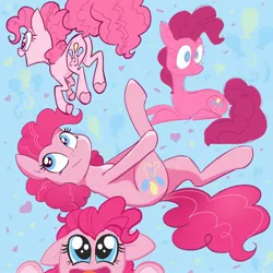Size: 2048x2048 | Tagged: safe, artist:pfeffaroo, derpibooru import, pinkie pie, earth pony, pony, abstract background, alternate style, amazed, cutie mark background, female, floppy ears, head turned, high res, image, jpeg, legs in air, looking at something, looking away, lying down, mare, midair, multeity, on back, open mouth, peeking, prone, rear view, smiling, solo, too much pink energy is dangerous