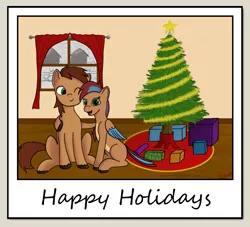 Size: 1827x1662 | Tagged: safe, alternate version, artist:jackieb, derpibooru import, oc, oc:allegra mazarine, oc:red bark, unofficial characters only, bird, bird pone, earth pony, pegasus, pony, brown mane, christmas, christmas tree, closed eye, derpibooru exclusive, feathered tail, garland, gift art, green eyes, happy, holiday, hug, image, nuzzling, pair, png, present, red mane, request, secret santa, signature, sitting, snow, striped mane, text, tree, two toned wings, window, wings